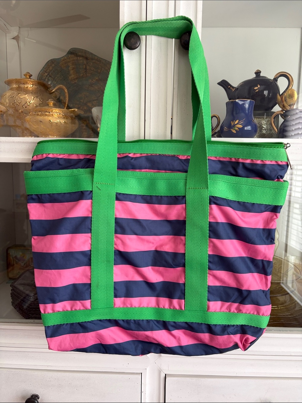 LeSportsac Green Pink Navy Striped Tote - Picture 4 of 5